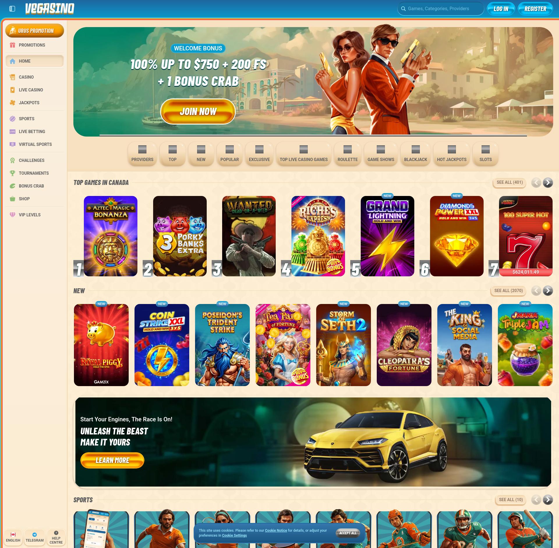 Interface de Vegasino Casino