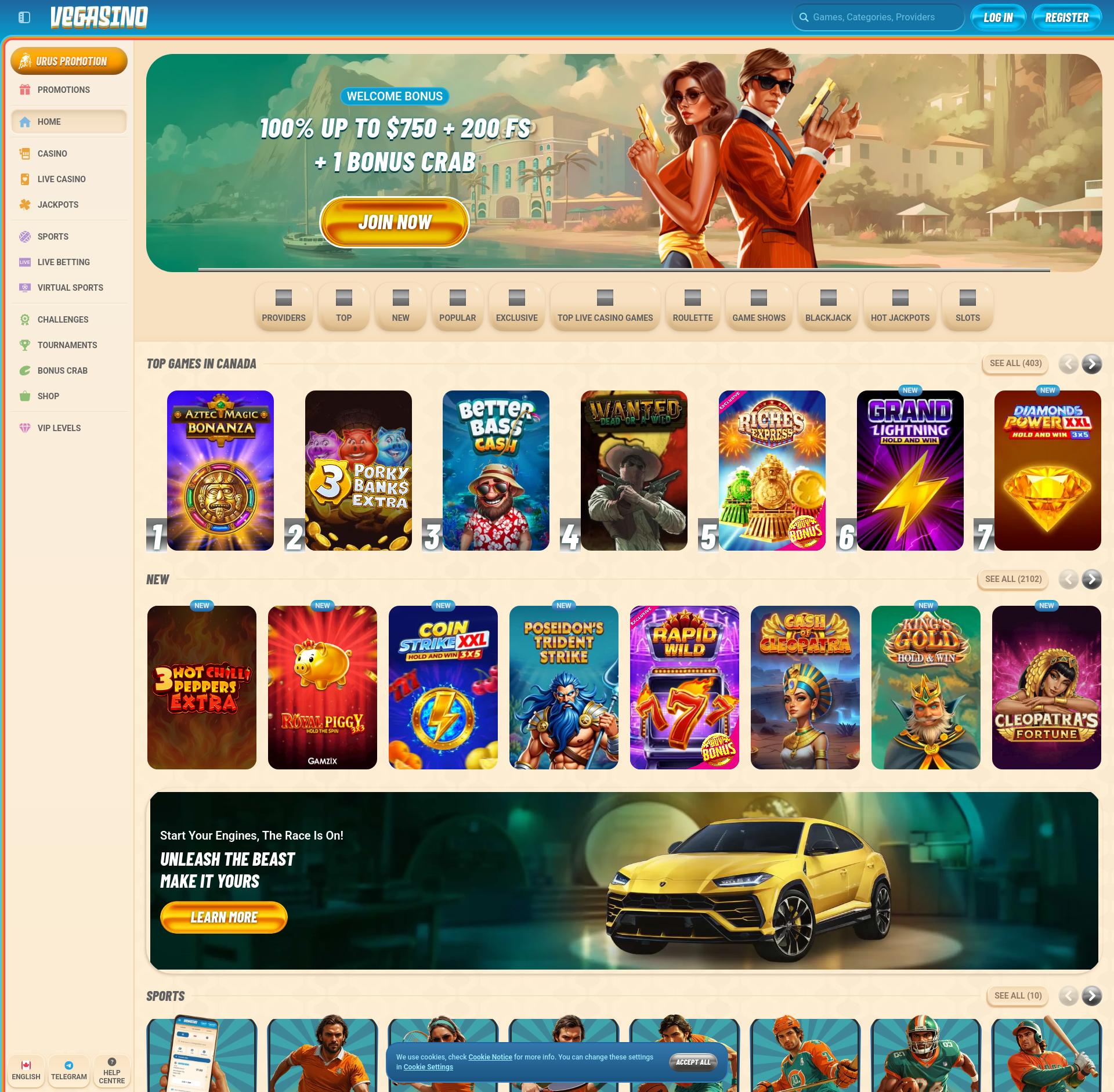 Interface du casino Vegasino montrant les promotions actives